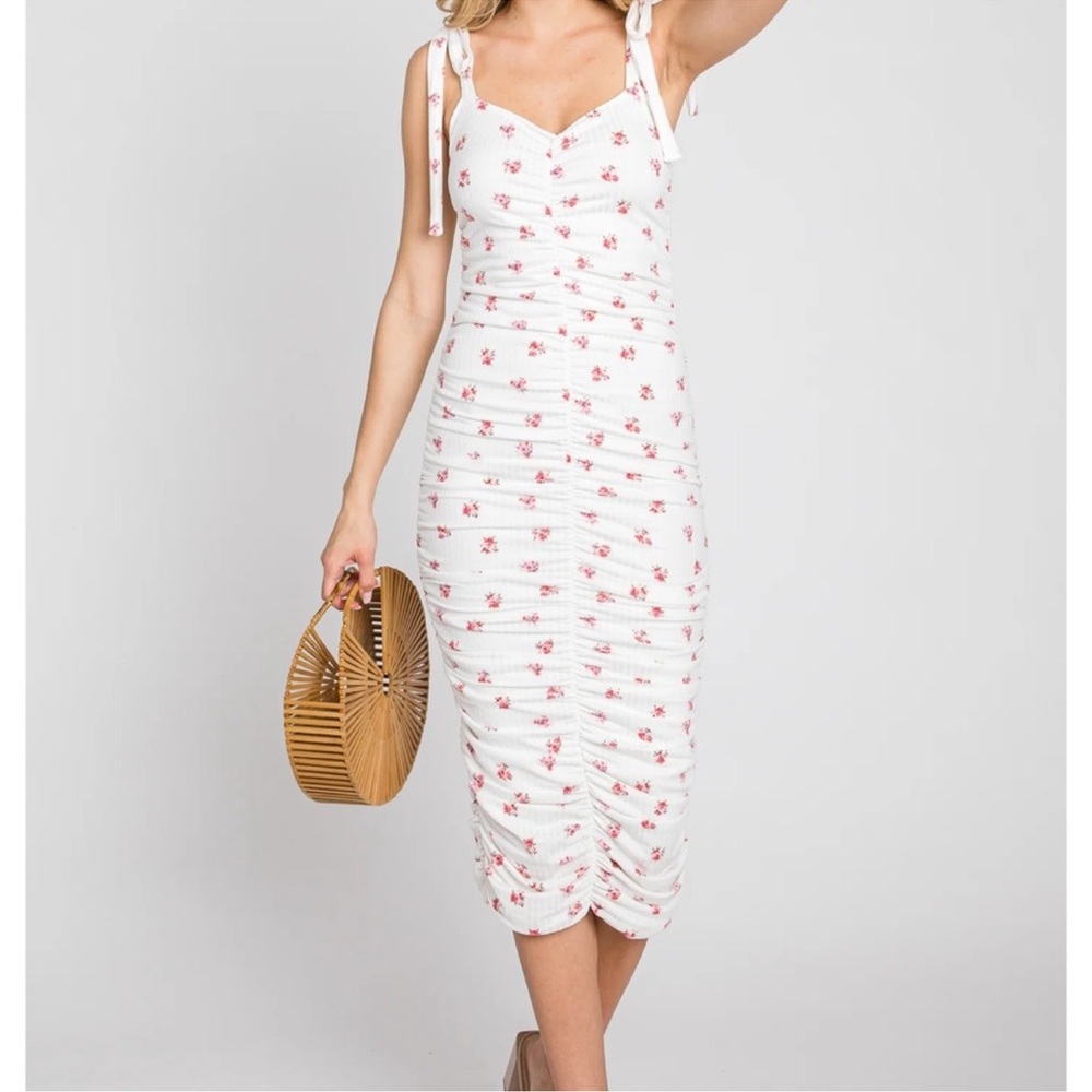 Pink Blush White Floral Ruched Maternity Mini Dress size M - Picture 4 of 6